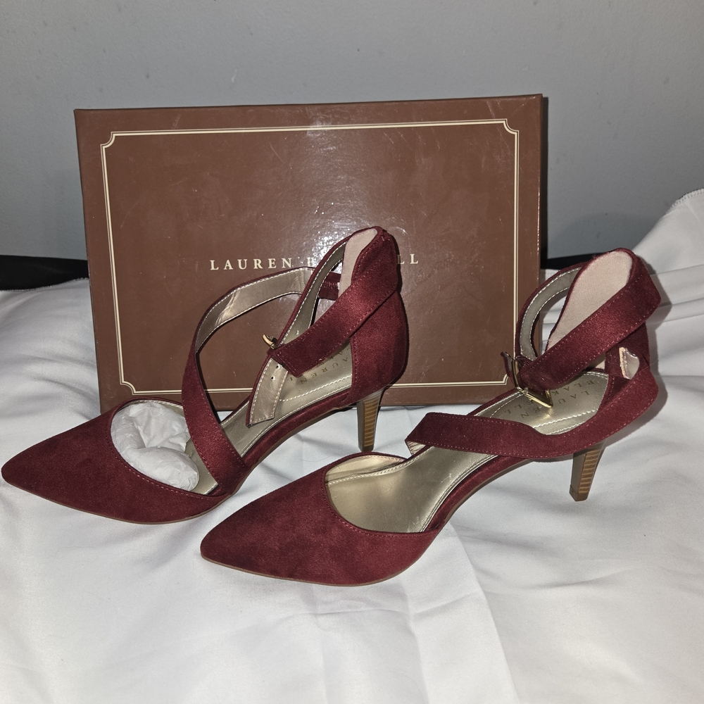 Lauren Blakwell Burgundy Suede Pointed Toe Ankle Strap Heels Pumps Size 8 - Picture 3 of 6